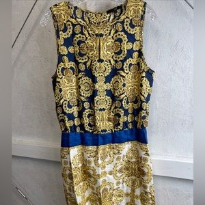 Tibi New York Silk Dress Sz 12 Royal Blue Gold Sleeveless Lined MIDI